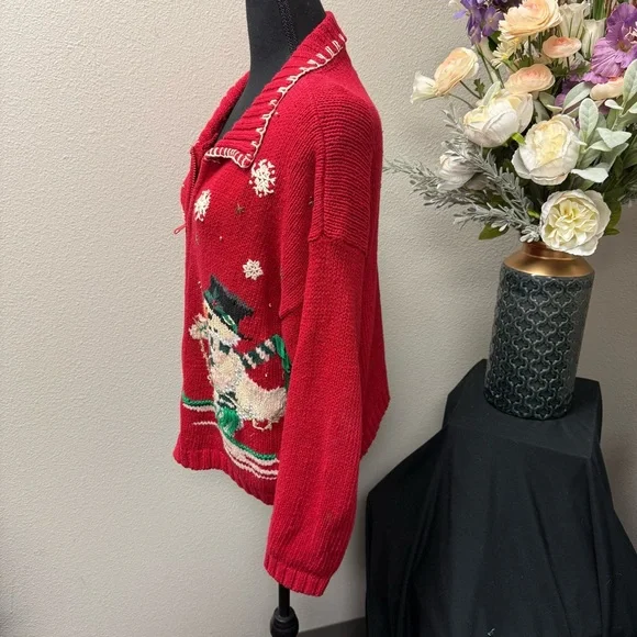 Tiara Intl Red Snowman Zip Cardigan Sweater M Holiday Christmas Knit - Picture 2 of 7